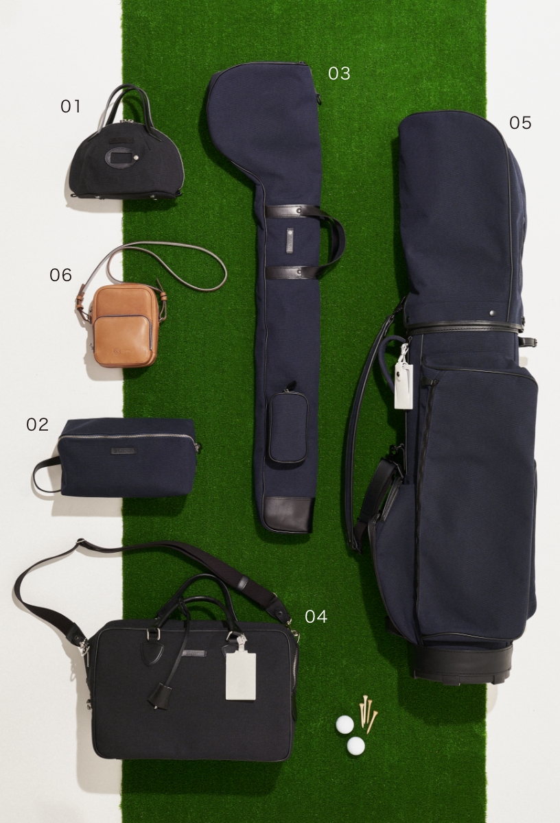 GANZO GOLFの6つのプロダクト。01. エコキャンバス カート バッグ、02. エコキャンバス シューズ ケース、03. エコキャンバス ゴルフクラブ ケース、04. エコキャンバス ボストン バッグ、05. エコキャンバス ゴルフクラブ バッグ、06. オイルグローブ ショルダー バッグ。